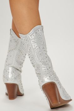 White Embellished Boots With Pointed Toe, Festival Embellished Boots With Round Toe, Embellished Festival Boots With Round Toe, White Rhinestone Boots For Spring, Glamorous White Embellished Boots, White Embellished Spring Boots, White Rhinestone Boots For Fall, White Embellished Boots With Round Toe, Silver Rhinestone Boots For Spring