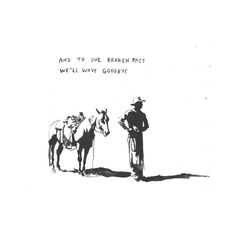 a black and white drawing of two men standing next to each other with horses in the background