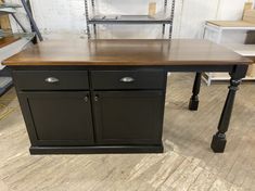 a kitchen island with two doors and drawers