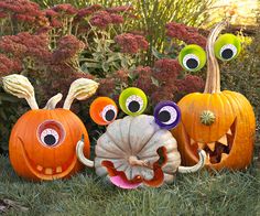 three pumpkins with googly eyes are in the grass