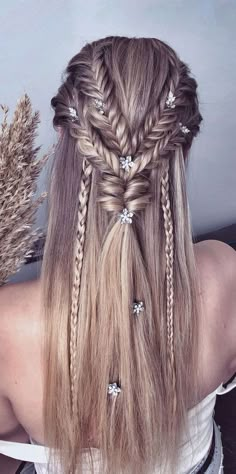 Prom Hairstyles Half Up Half Down Braid Straight Hair, Long Hair Formal Hairstyles Half Up, Straight Long Hair Wedding Styles, Fancy Braided Hairstyles Half Up, Prom Hairstyles Half Up Half Down With Jewels, Half Up Gala Hairstyles, Half Up Half Down Viking Wedding Hair, Viking Hair Half Up Half Down, Long Hairstyles For Prom Half Up