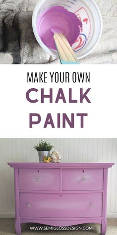 an old dresser painted in purple with the words make your own chalk paint