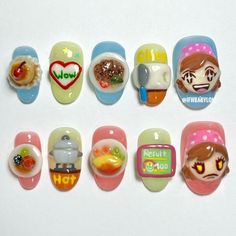 | Mama is here to fix you some delicious looking nails ✨ 🍓🍽️🍮🍘🍛🍜 #pressonnails #japanesenailart #pressonnailssg #pressonnailsforsale… | Instagram Pudding Nails, Cars Nails, Mama Nails, Finger Bones, Cute Nail Styles, M Nails, Cooking Mama