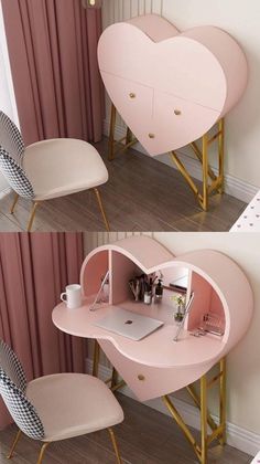 two pictures of a desk with a heart shaped shelf on it and a chair next to it