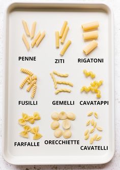 different types of pasta on a white tray with the words written in italian above them