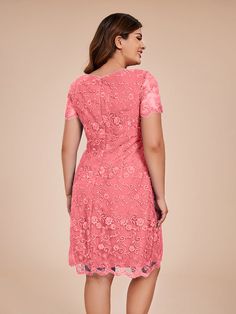 Introducing our elegant Column Short Sleeves Knee Length Lace Mother of the Bride Dress. Made with high-quality lace fabric and featuring a knee-length design with short sleeves, this dress is perfect for any special occasion. Feel confident and stylish on your big day with this stunning mother of the bride dress.    Attention!     The sleeves are see-through and unlined. (Refer to the picture below) Formal Feminine Lace Dress With Short Sleeves, Elegant Fitted Pink Short Sleeve Dress, Elegant Pink Fitted Short Sleeve Dress, Summer Knee-length Lace Dress With Scalloped Lace, Knee-length Lace Dress With Lace Trim, Feminine Short Sleeve Lace Dress, Formal Short Sleeve Lace Dress For Summer, Pink Knee-length Lace Dress For Summer, Pink Midi-length Lace Dress With Scalloped Lace