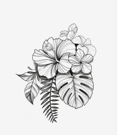 a black and white drawing of flowers with leaves