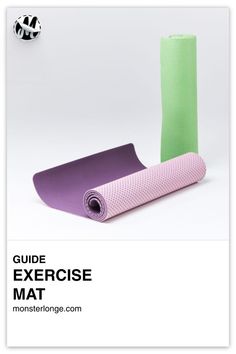 the guide to exercise mat for beginners is shown in purple and green, along with an image of a yoga mat