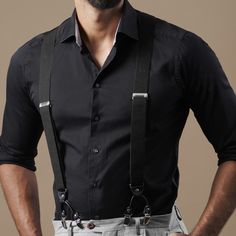 Talk about versatile, these wide monochromatic clip braces can be worn with just about any look. Elastic straps provide maximum comfort, while 6 strong clips ensure that your pants will stay put. Faux leather and silver-toned metal accents round out the look. Adjustable to fit nearly anyone! Suit Braces, Purple Suspenders, Grey Pants Men, Grey Suspenders, Black Suit Men, Black Suspenders, Casual Shoes Outfit, Suspenders Men, Suits And Jackets