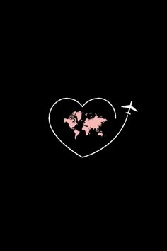 a heart with a world map in the middle and an airplane flying over it on a black background