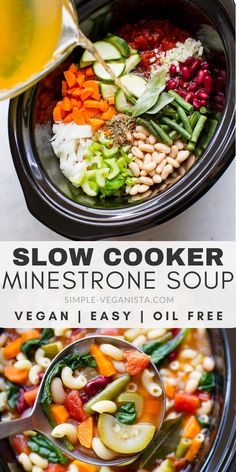 this slow cooker minestone soup is loaded with veggies, beans and carrots