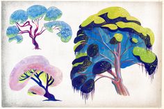 three trees with different colors and shapes painted on them are shown in this painting style