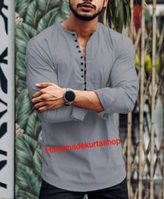 HANDMADEKURTASHOP  Description Man kurta for Man Give yourself a best ethnic look by wearing this Top and bottom Set. Made of rich cotton silk blend fabric this regular-fit set comprises a full-sleeved Indian Short kurta This outfit with mojris will look apart on special occasions. material 100%Cotton Color : Grey color Kurta Length : 30 inches Short kurta Shirt Chest is measurement for shirt (not body) As per standard, for best loose fitting 6 inches gap should be there between actual chest size and shirt chest size Size chart is below Men's Sizes Actual Body Chest - Ready Shirt Chest i Add 6" Inches Lose Fitting Fabric Armhole To Armhole. XS - 30" Inches 36" Inches S - 34" Inches 40" Inches M - 36" Inche 42" Inches L - 40" Inches 46" Inches XL - 44" Inches 50" Inches 2XL - 48" Inches 54" Casual Long Sleeve Kurta For Diwali, Casual Tunic Kurta For Eid, Straight Kurta With Buttons For Eid, Eid Straight Kurta With Buttons, Kurta Shirt For Men, Kurta Casual, Kurta Short, Short Kurta For Men, Wedding Kurta