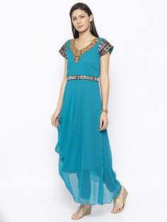 Blue Georgette A Symmetrical Draped Kurta With Hand Embroidered Zardozi Neckline ..Brocade Border Detailing On Short Sleeves And Bodyline Worn With Black Cigarette Pants. Ladies Kurta, Hand Embroidered, Color Variations, Short Sleeve Dresses