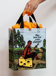 HANDY TOTE BAGS - Have You Tried Cheese - Mockingbird on Broad Reusable Lunch Bags, Weird Gifts, Blue Q, Crazy Stuff, People Clothes, Eco Friendly Bags, Food Board, Mini Tote, Have You Tried