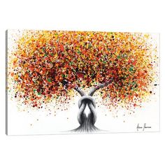 an artistic painting of two hands holding each other in front of a tree with multicolored leaves