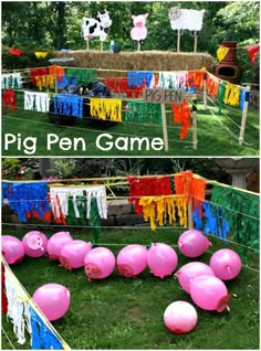 pig pen game with balloons and streamers in the grass