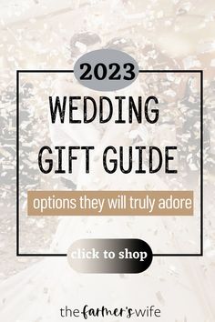 the wedding gift guide for brides and grooms is shown in front of confetti