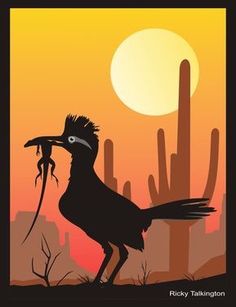 a bird standing in front of a cactus at sunset with the sun setting behind it