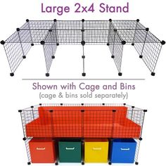 the large cage and bins are all different colors