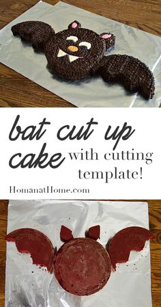 bat cut up cake with cutting templates on the side and an image of a bat made out of chocolate icing