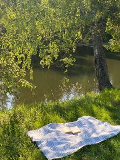 an open book laying on top of a blanket in the grass near a tree and river