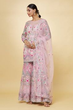 Pink chanderi kurta with mirror and thread hand embroidery. Comes with sharara and a dupatta. - Aza Fashions Anarkali Style Sharara With Mirror Work In Chinon, Wedding Sharara With Mirror Work In Dola Silk, Wedding Dola Silk Sharara With Mirror Work, Georgette Sharara With Mirror Work For Reception, Reception Sharara With Mirror Work In Georgette, Unstitched Anarkali Sharara With Mirror Work, Chinon Sharara With Dabka Work For Reception, Unstitched Sharara With Resham Embroidery For Reception, Resham Embroidered Georgette Sharara For Reception