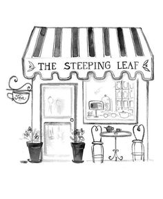 a drawing of a store front with potted plants in the foreground and an awning above it