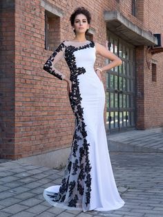 Trumpet/Mermaid Scoop Applique Long Sleeves Long Chiffon Dresses Long Chiffon Dresses, Formal Wedding Guests, Chiffon Dresses, White Wedding Dress, Chiffon Dress Long, Black Wedding Dresses, Applique Dress, Cheap Prom Dresses, Colorblock Dress