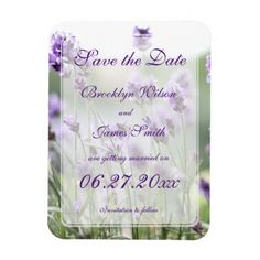 wedding save the date card with lavender flowers on it and purple butterflies in the background