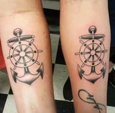 two people with tattoos on their legs and one has an anchor, steering wheel and ship wheel