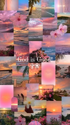 a collage of photos with the words god is god and flowers on it in different colors