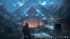 a man standing in front of a building surrounded by other buildings and structures, with the words destiny 2 on it