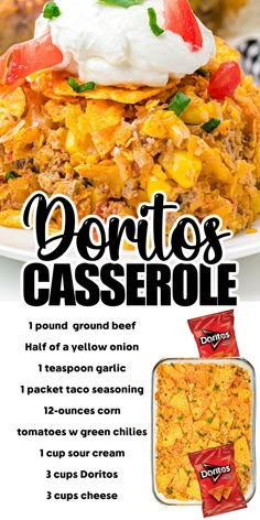 Doritos casserole photo with recipe below it Dinner With Doritos, Nacho Chip Casserole, Hamburger And Doritos Casserole Recipes, Quick And Easy Dinner Recipes For Family Beef Taco Casserole, Dinner Ideas With Doritos, Fall Dinner Recipes Easy Cheap, Easy Dinner Recipes With Taco Meat, Cheesy Dorito Casserole, Doritos Taco Hash Brown Casserole