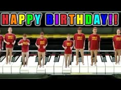 a group of men in red shirts standing on top of a piano with the words happy birthday