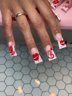 valentines | french tips | nail art | Red Duck Nails Acrylic, Valentines French Tips, Red French Tip Nails With Design, Red Duck Nails, Starbucks Nails, French Tip Nail Art, Nail Appointment, Summer Acrylic, Acrylic Toes