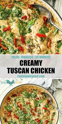 creamy tuscann chicken with spinach and tomatoes in a skillet