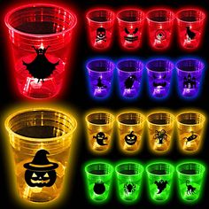 glowing plastic cups with halloween decorations on the lids and in different colors, including blacklight