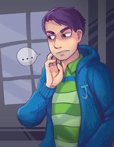 a young man in a blue jacket is looking at something with an empty thought bubble above his head