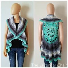 two pictures of a woman's vest and top made from crocheted yarn