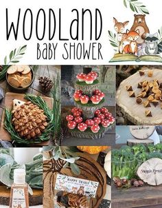 the woodland baby shower is full of food and decorations