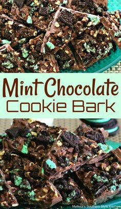 mint chocolate cookie bark is stacked on top of each other and ready to be eaten