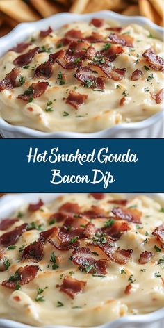 Hot Smoked Gouda Bacon Dip is a warm, creamy, and smoky appetizer that's sure to be the star of any gathering. Packed with rich smoked Gouda, crispy bacon, and a blend of cream cheese and sour cream, this dip is irresistibly indulgent. Serve it with crackers, bread, or veggies for a crowd-pleasing dish that disappears fast! Smoked Gouda Dip Recipes, Bacon Bacon Dip, Smoked Gouda Bacon Dip, Smoked Gouda Cheese Dip, Bacon Gouda Dip, Gouda Cheese Recipes Appetizers, Gouda Appetizers, Smoked Gouda Dip, Gouda Cheese Fondue Recipe