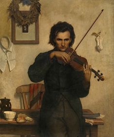 a painting of a man holding a violin in front of a table with other items on it