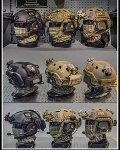 several different views of helmets on display in a store, including one with an american flag