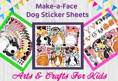 two pictures of dogs and cats with the words make - a - face dog sticker sheets