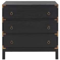 a black dresser with two drawers and brass hardware on the bottom drawer, against a white background