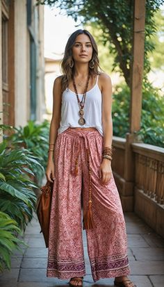 Travel in boho style with wide-leg pants, a relaxed tank top, woven crossbody bag, and layered bracelets. Comfort meets chic! #BohoTravel #WideLegPants #TravelFashion #BohoChic #AdventureReady #ootd #outfits Boho Relaxed Outfit, Summer Boho Chic Outfits, Everyday Boho Outfits, Boho Style 2024, Summer Fashion 2024 Trends Casual, Chic Boho Outfits, Boho Summer Outfits Bohemian, Boho Pants Outfit, Boho Yoga Outfit