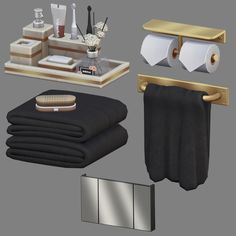 an assortment of bathroom items including toiletries and towels