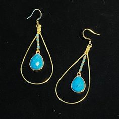 These Simple And Elegant Earrings Are Hand Made. The Golden Teardrop Features A Teardrop Shaped Turquoise Stone As Well As Turquoise And Gold Glass Seed Beads. They Feature French Hooks Aka Fishhooks. Order Includes 2 Silicone Earring Backs (Not Pictured) For Security. Turquoise Teardrop Drop Earrings With Ear Wire, Turquoise Teardrop Drop Earrings, Turquoise Teardrop Chandelier Earrings For Pierced Ears, Blue Teardrop Earrings With Ear Wire, Turquoise Teardrop Chandelier Earrings As Gift, Blue Teardrop Chandelier Earrings For Pierced Ears, Blue Nickel-free Teardrop Earrings, Nickel-free Blue Teardrop Earrings, Turquoise And Gold